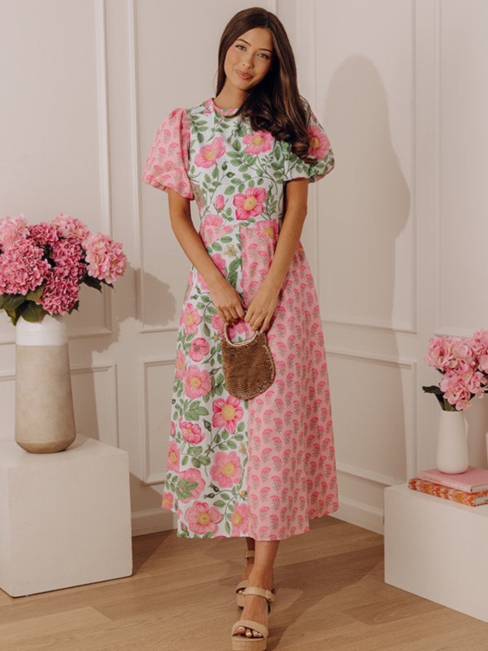 TCEC GARDEN PARTY MOMENT FLORAL MIDI DRESS Pink Floral Patchwork Dress